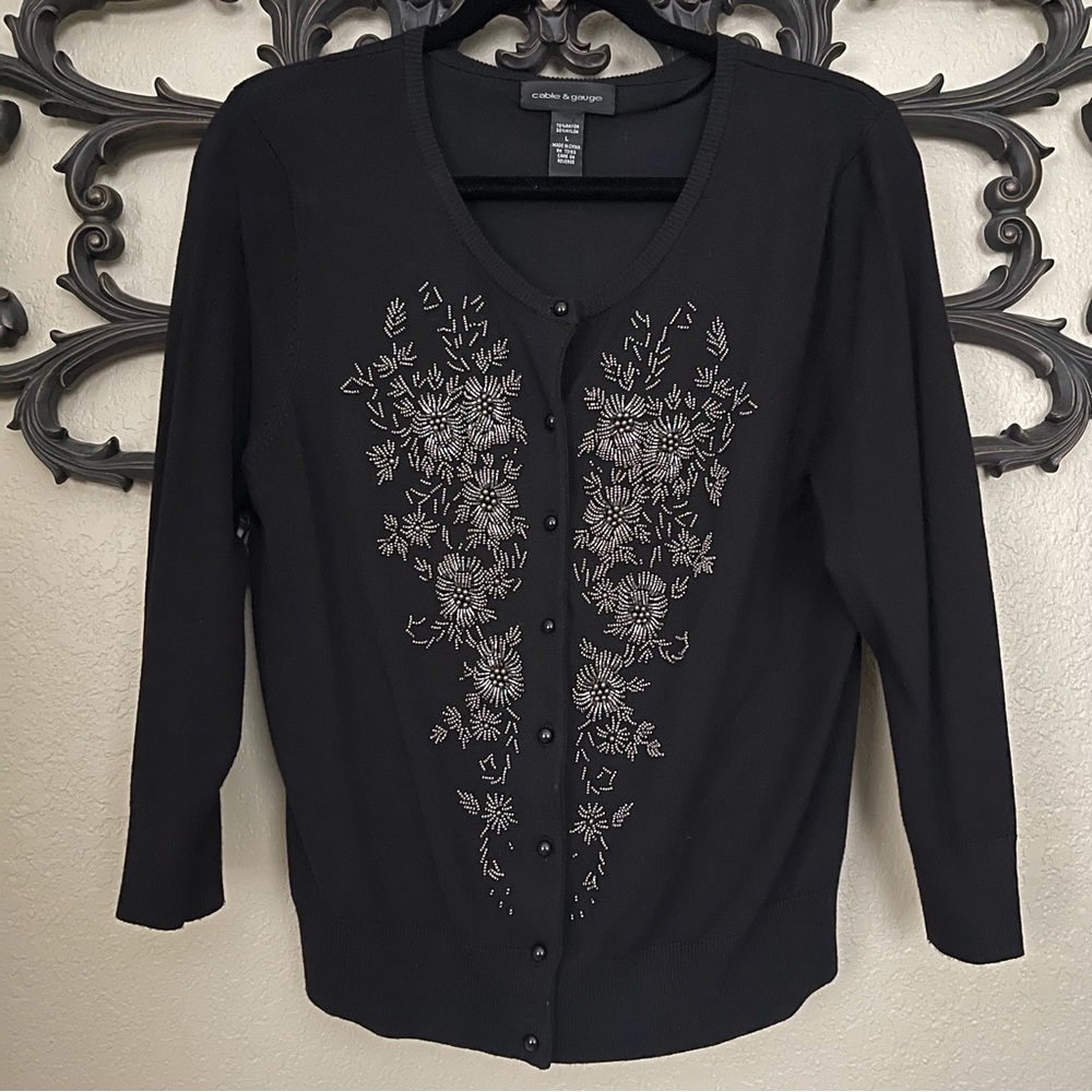 Vintage Cable & Gauge Beaded 3/4 Sleeve Cardigan Sweater Large - Picture 4 of 14